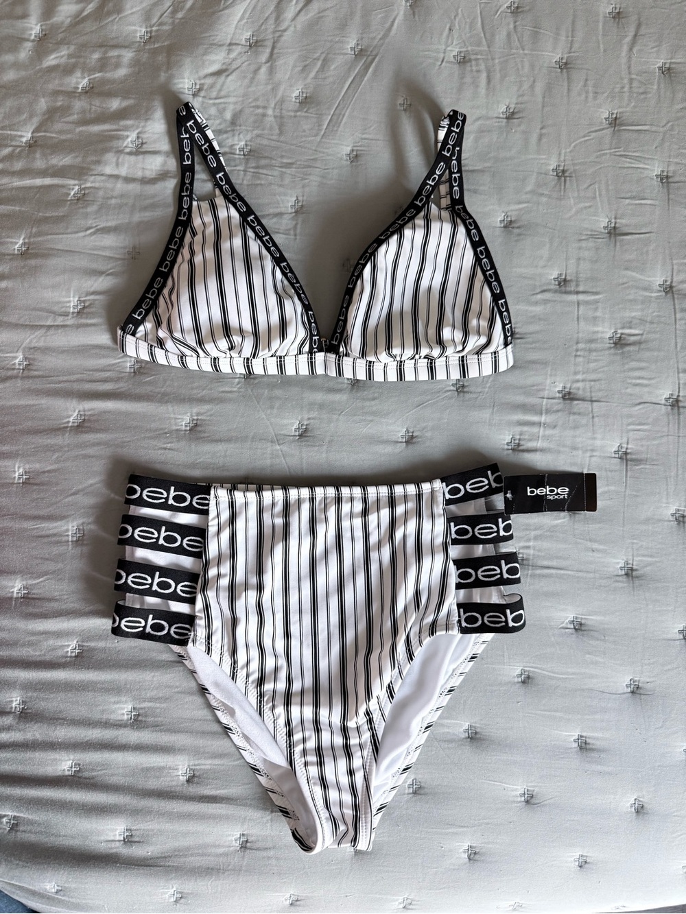 Bebe Sporty White and Black Stripe Bikini Bottoms Triangle Cut Out High Rise